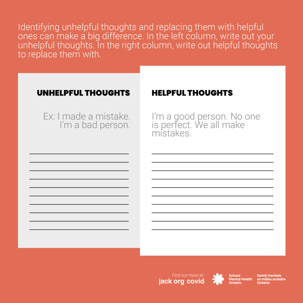 Text with space to write unhelpful thoughts and helpful thoughts to replace them with. A full description follows.
