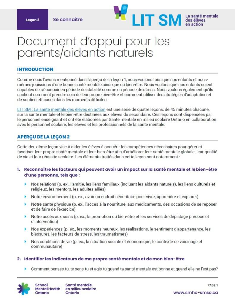 Document d’appui pour les parents/aidants naturels - Leçon 2